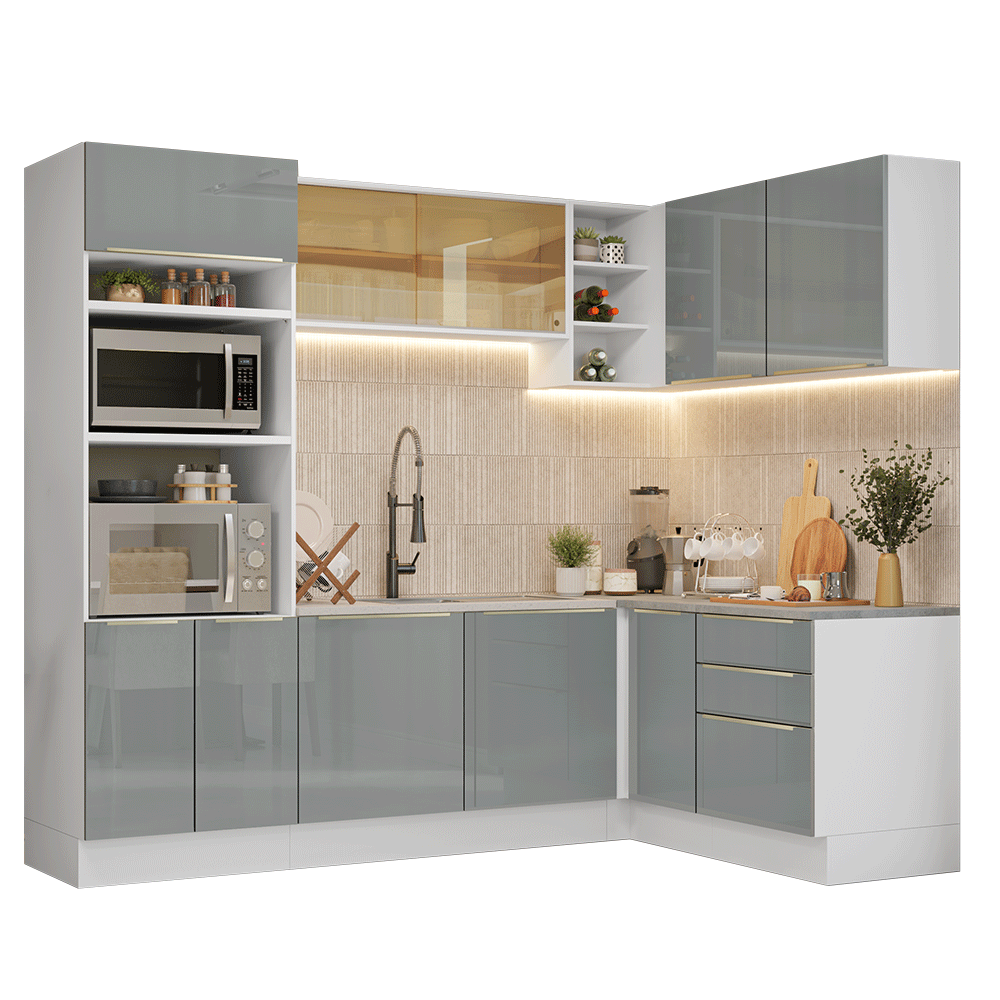 Cocina Integrale Esquinera 416 x 60 cm Blanco/Gris Lux Madesa 01