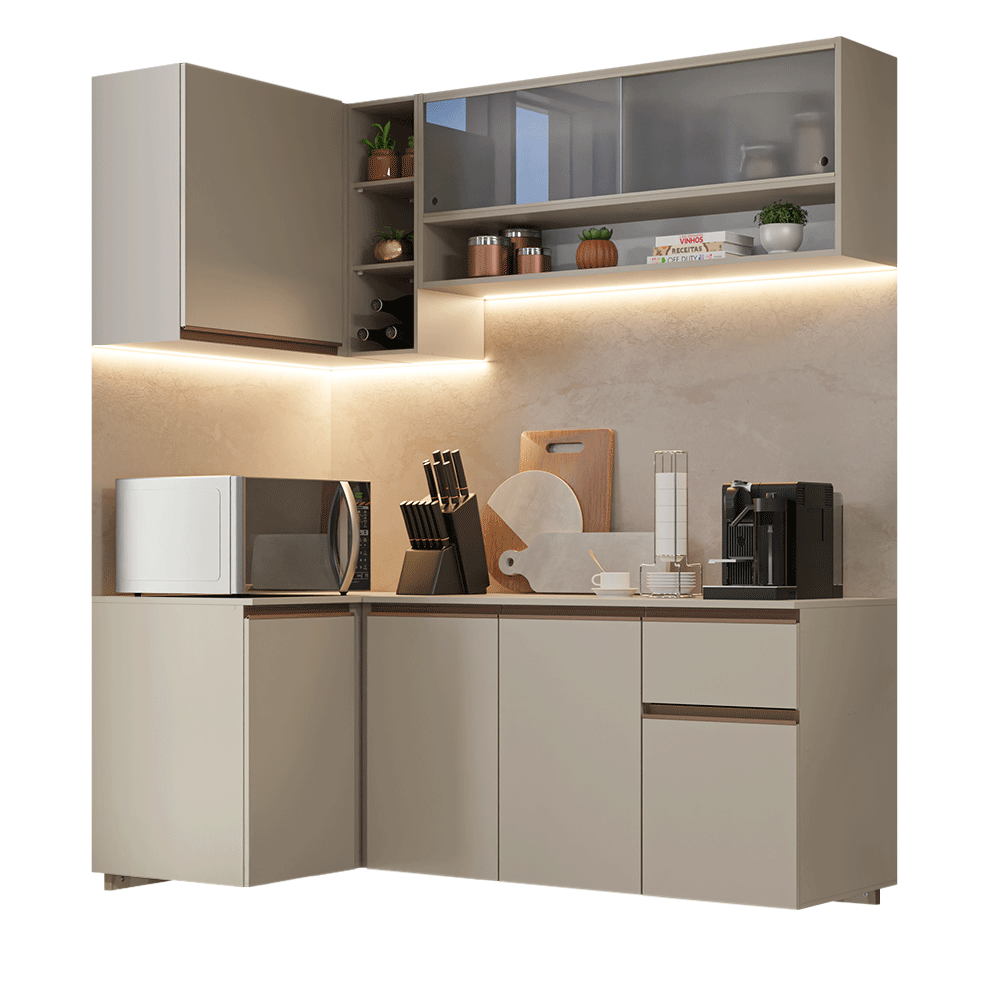 Cocina Compacta Esquinera Flotante 265 cm Crema Nice Madesa