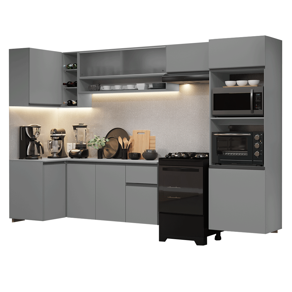 Cocina Integral Esquinera Flotante 385 cm Con Mueble para Horno Gris Nice Madesa