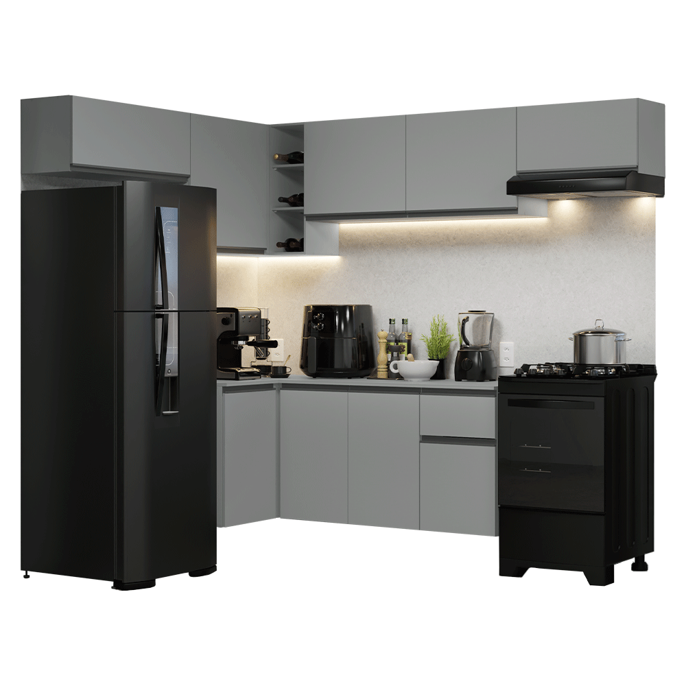 Cocina Integral Esquinera Flotante 405 x 52 cm 9 Puertas 1 Cajón Gris Nice Madesa 01