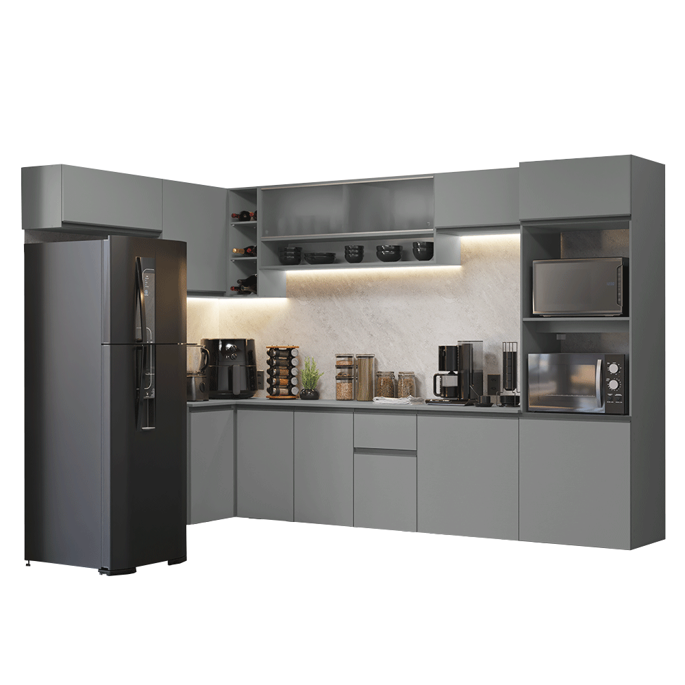 Cocina Integral Esquinera Flotante 465 cm Con Mueble para Horno Gris Nice Madesa