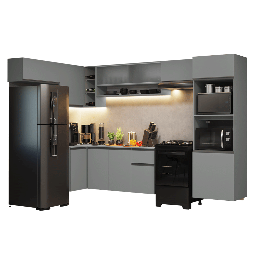 Cocina Integral Esquinera Flotante 465 cm Con Mueble para Horno Gris Nice Madesa
