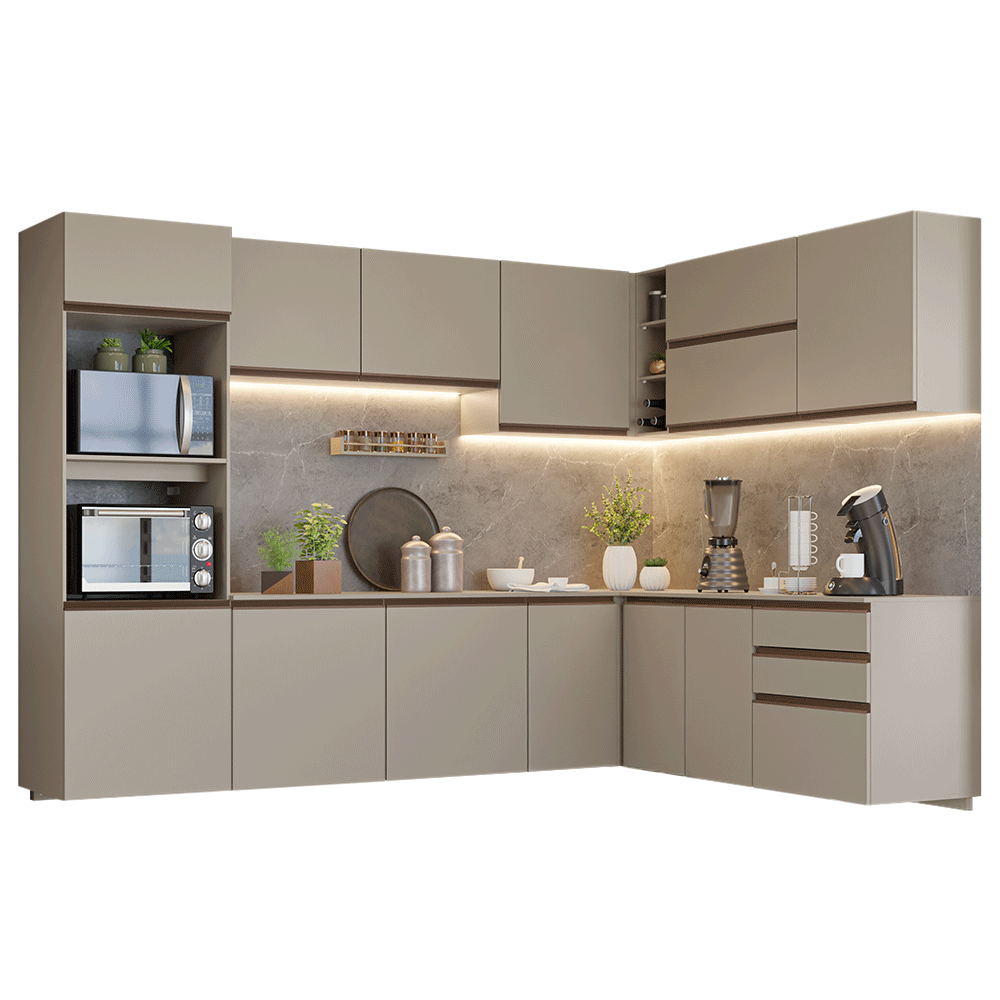 Cocina Integral Esquinera Flotante 465 cm Con Mueble para Horno Crema Nice Madesa