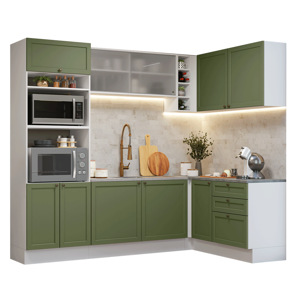 Cocina Integral Esquinera 399 cm Blanco/Verde Vik Madesa 01
