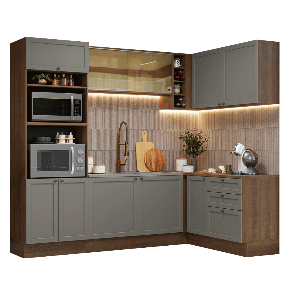 Cocina Integral Esquinera 399 cm Marrón/Gris Vik Madesa 02