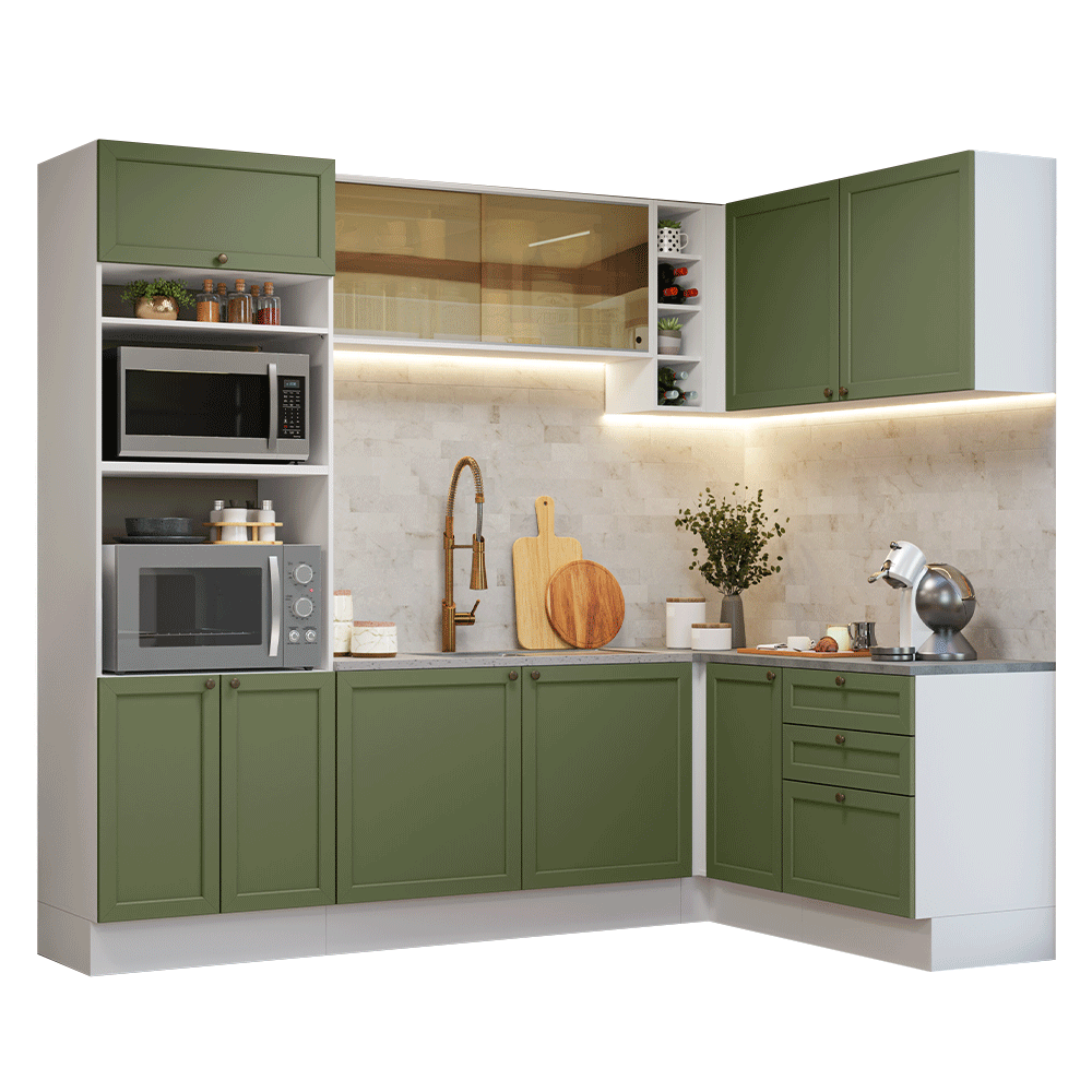 Cocina Integral Esquinera 399 cm Blanco/Verde Vik Madesa 02
