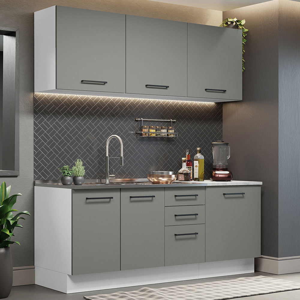 Cocina Compacta 180 x 52 cm 6 Puertas 3 Cajones Blanco/Gris Agata Madesa 01