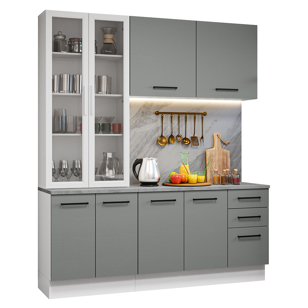 Cocina Compacta 190 cm Con Vitrina Blanco/Gris Agata Madesa