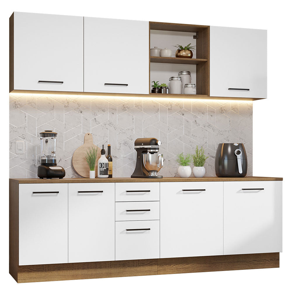 Cocina Compacta 240 x 60 cm 7 Puertas 3 Cajones Marrón/Blanco Agata Madesa
