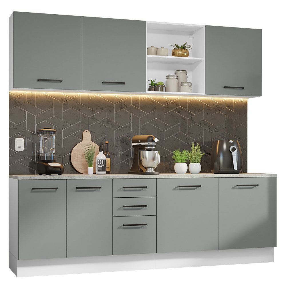 Cocina Compacta 240 x 60 cm 7 Puertas 3 Cajones Blanco/Gris Agata Madesa
