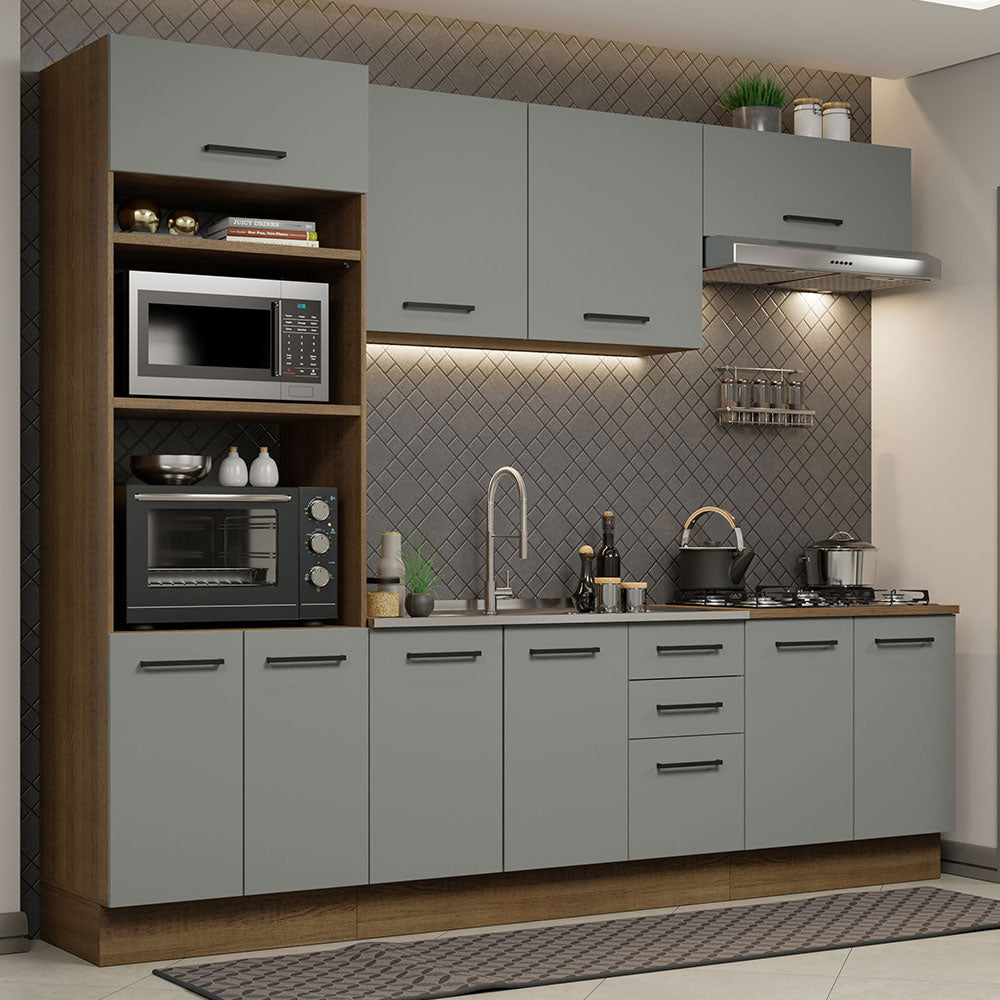 Cocina Integral 270 x 52 cm 10 Puertas 3 Cajones Marrón/Gris Agata Madesa