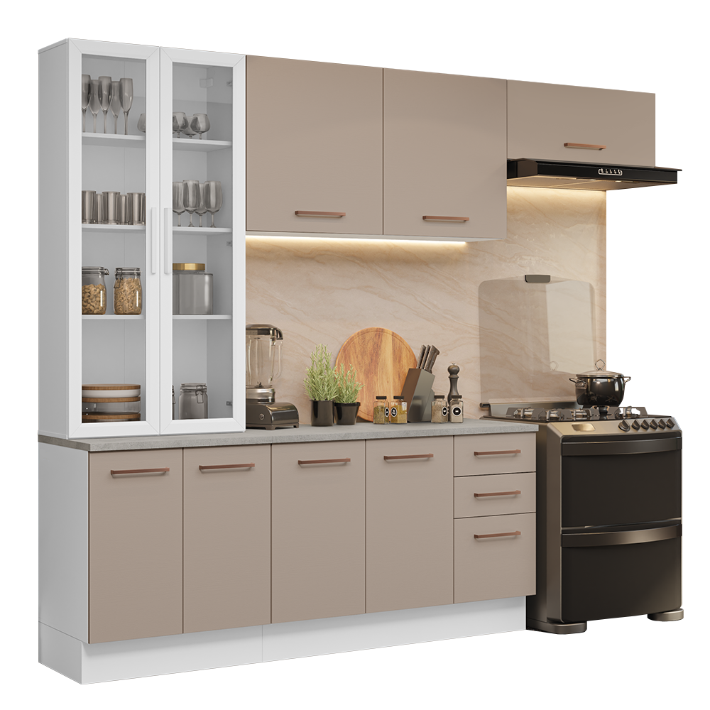 Cocina Integral 270 x 52 cm 9 Puertas 3 Cajones Blanco/Crema Agata Madesa