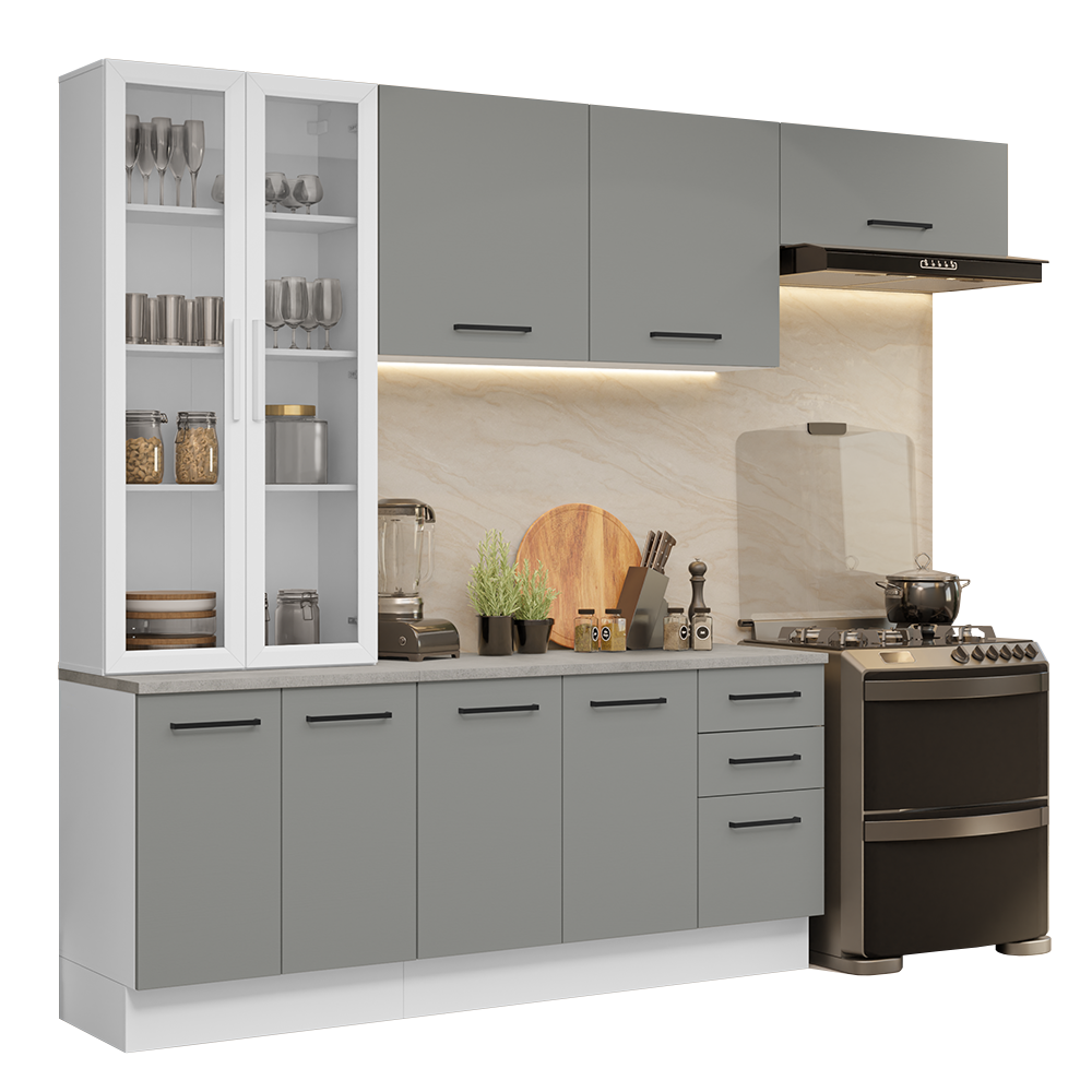 Cocina Integral 270 x 52 cm 9 Puertas 3 Cajones Blanco/Gris Agata Madesa
