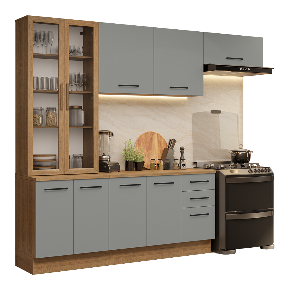 Cocina Integral 270 x 52 cm 9 Puertas 3 Cajones Marrón/Gris Agata Madesa