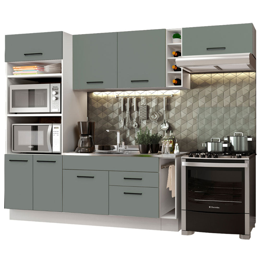 Cocina Integral 290 x 52 cm 7 Puertas 2 Cajones Con Mueble para Horno Blanco/Gris Agata Madesa