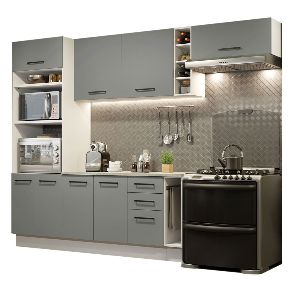 Cocina Integral 290 x 52 cm 8 Puertas 3 Cajones Con Mueble para Horno Blanco/Gris Agata Madesa 04