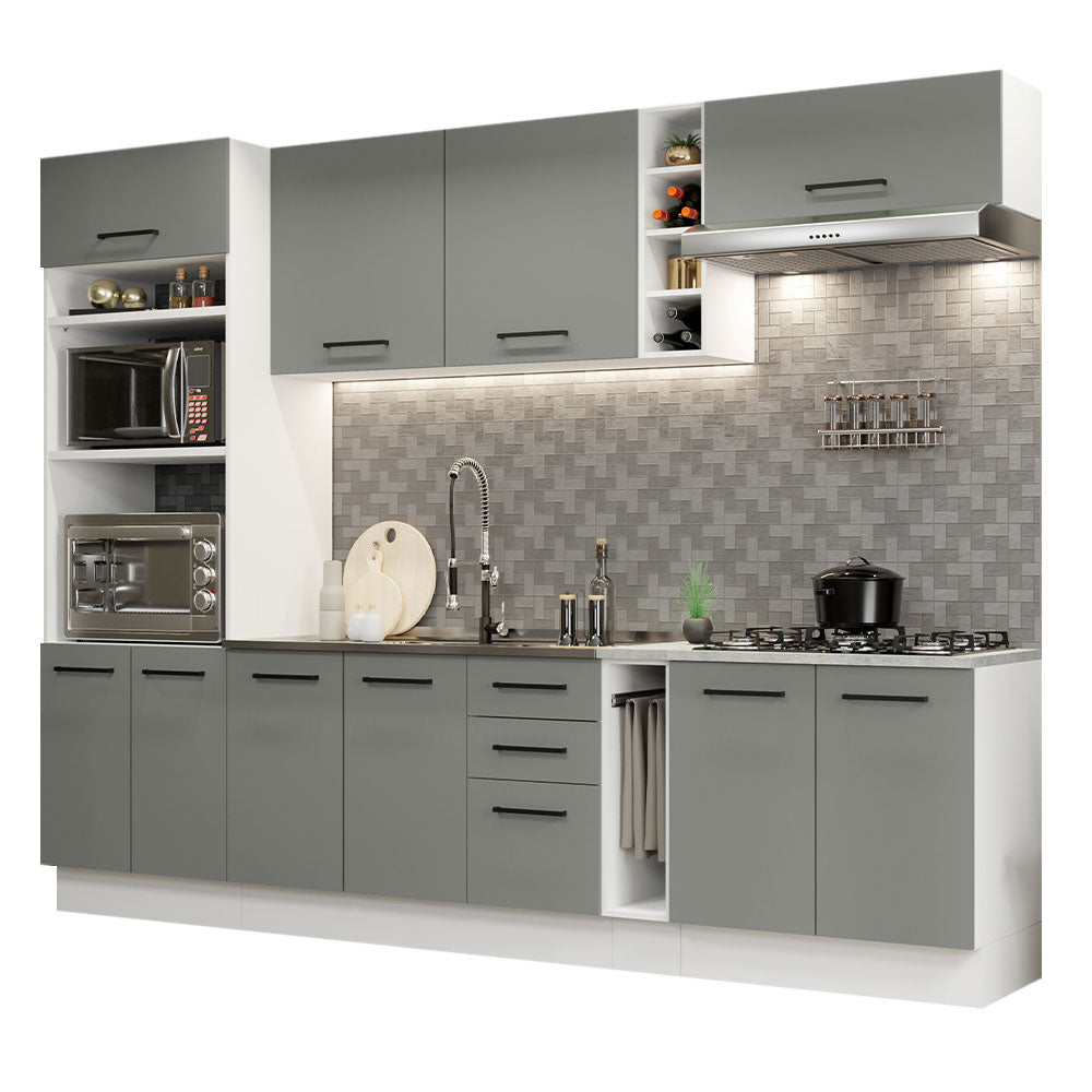 Cocina Integral 290 x 52 cm 10 Puertas 3 Cajones Con Mueble para Horno Blanco/Gris Agata Madesa 05