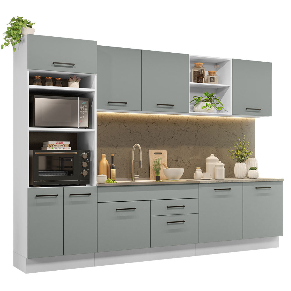 Cocina Integral 310 x 52 cm 9 Puertas 2 Cajones Con Mueble para Horno Blanco/Gris Agata Madesa