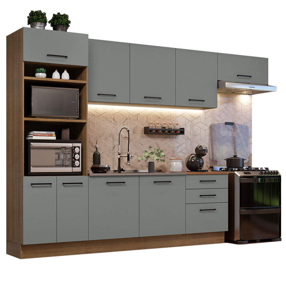 Cocina Integral 330 x 52 cm 9 Puertas 3 Cajones Con Mueble para Horno Marrón/Gris Agata Madesa