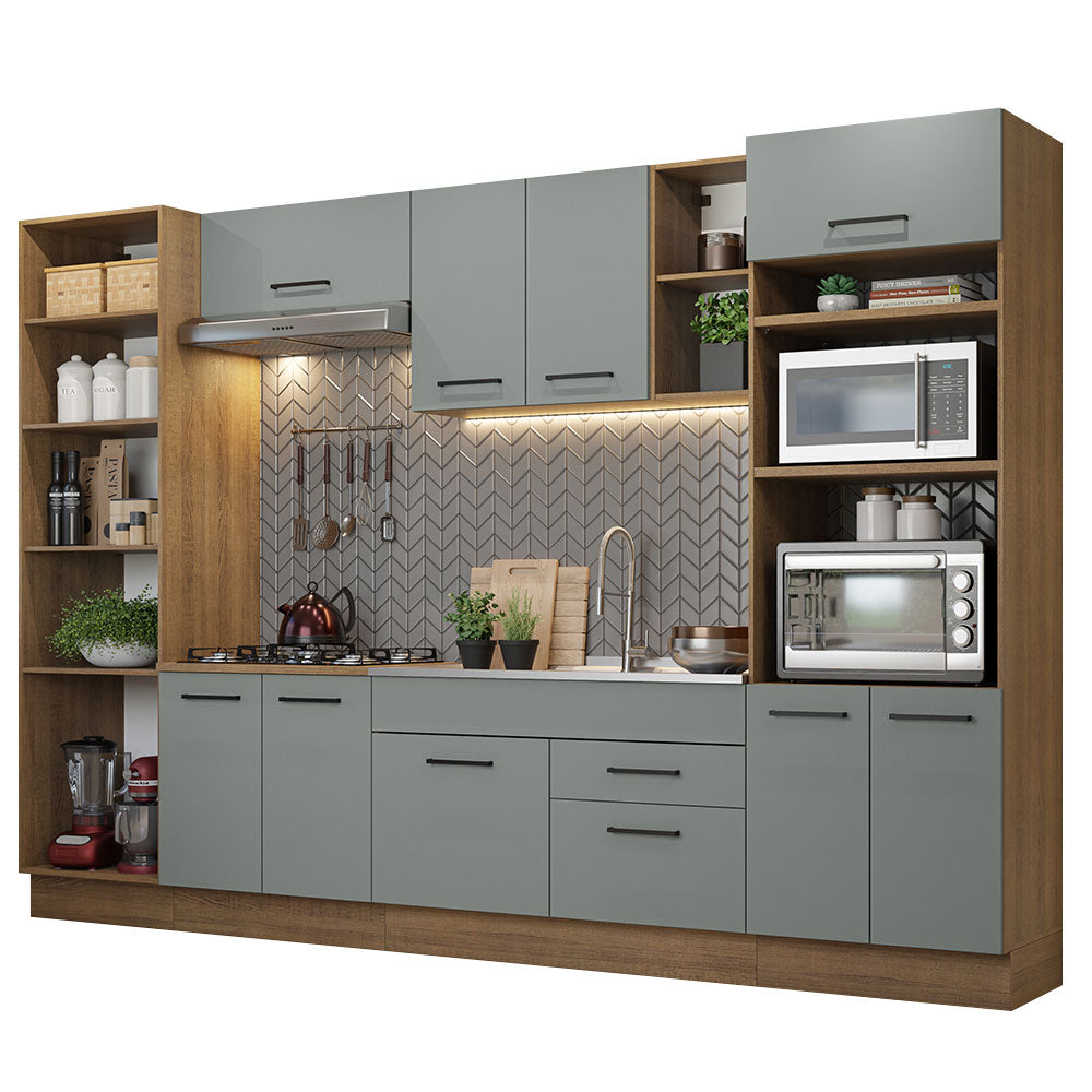 Cocina Integral 330 x 52 cm 9 Puertas 2 Cajones Con Mueble para Horno Marrón/Gris Agata Madesa