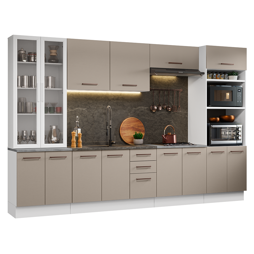 Cocina Integral 340 cm Con Mueble para Horno y Vitrina Blanco/Crema Agata Madesa