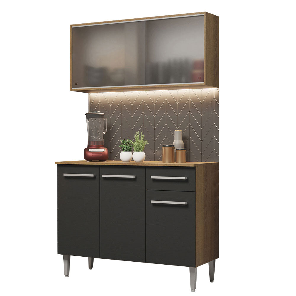 Cocina Compacta 105cm Con Gabinete Superior Marrón/Negro Emilly 01