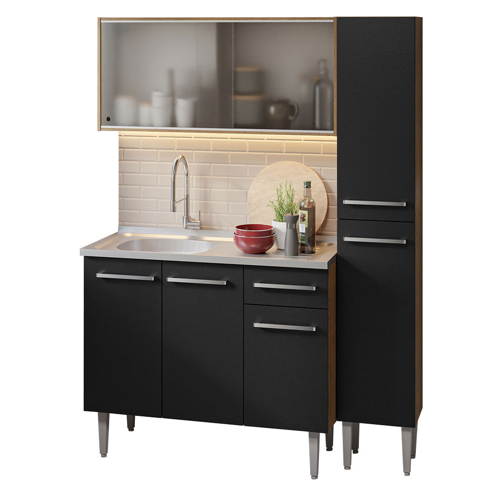 Cocina Compacta 137 cm Con Fregadero Marrón/Negro Emilly Madesa