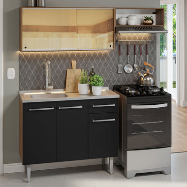Cocina Compacta 165 cm Con Fregadero Marrón/Negro Emilly Madesa