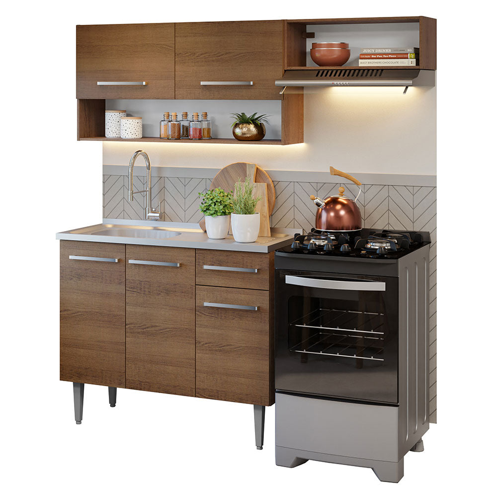 Cocina Compacta 165 cm 5 Puertas 1 Cajón Con Fregadero Marrón Emilly Madesa 09