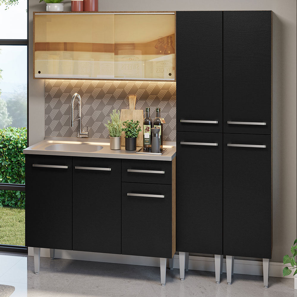 Cocina Compacta 169 cm Con Fregadero Marrón/Negro Emilly Madesa