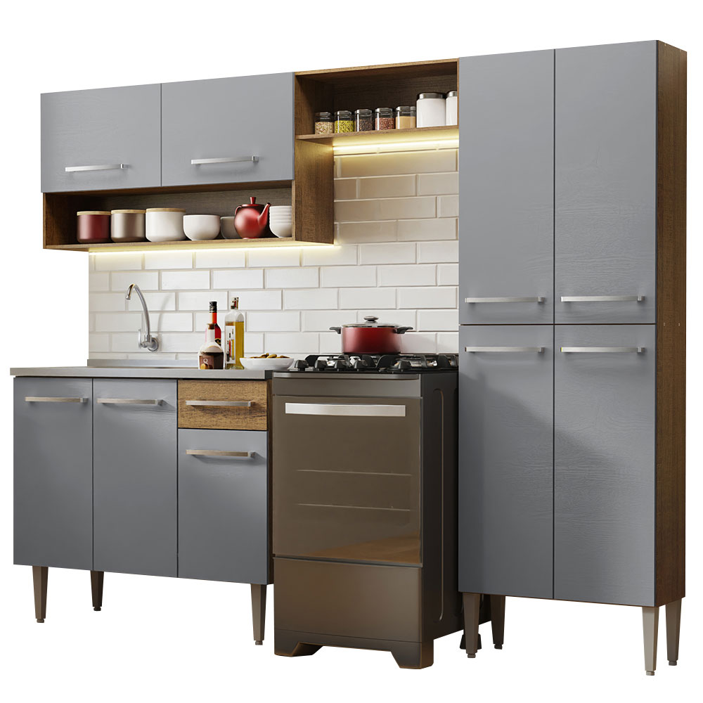 Cocina Compacta 229 cm 9 Puertas 1 Cajón Con Fregadero Marrón/Gris Emilly Madesa 10