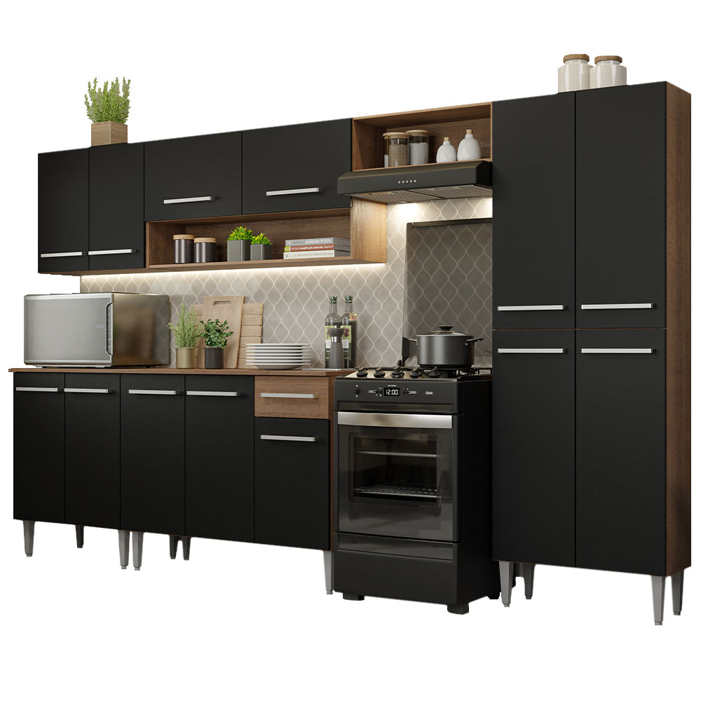 Cocina Integral 293 cm 13 Puertas 1 Cajón Marrón/Negro Emilly Madesa 01