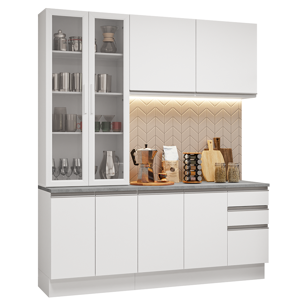 Cocina Compacta 190 cm Con Vitrina Blanco Glamy Madesa