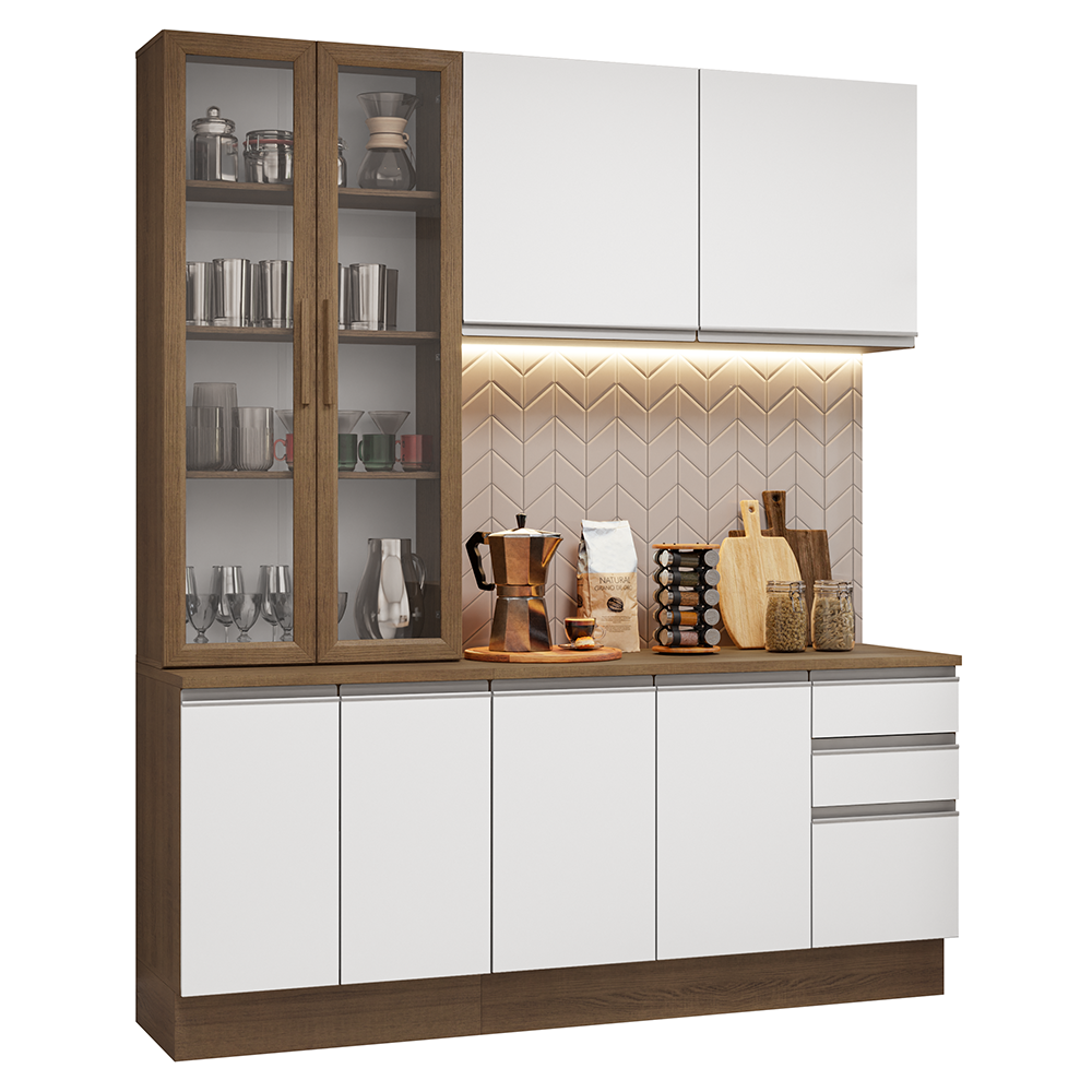 Cocina Compacta 190 cm Con Vitrina Marrón/Blanco Glamy Madesa