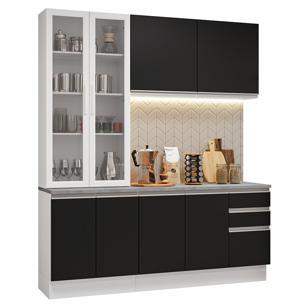 Cocina Compacta 190 cm Con Vitrina Blanco/Negro Glamy Madesa