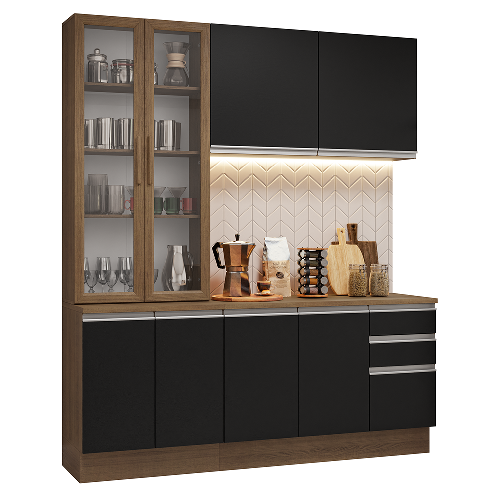 Cocina Compacta 190 cm Con Vitrina Marrón/Negro Glamy Madesa