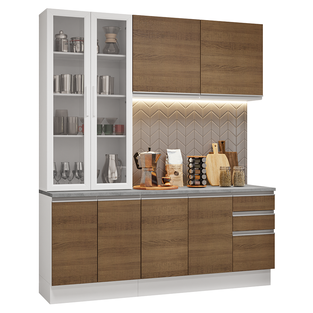 Cocina Compacta 190 cm Con Vitrina Blanco/Marrón Glamy Madesa