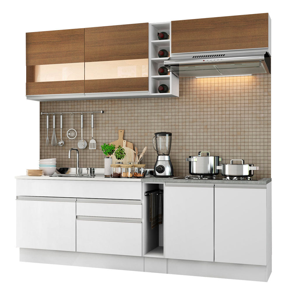 Cocina Compacta 220 x 52 cm 6 Puertas 2 Cajones Blanco/Marrón Glamy Madesa 01