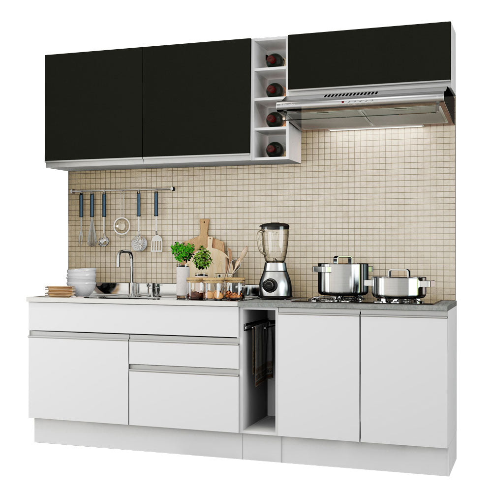 Cocina Compacta 220 x 52 cm 6 Puertas 2 Cajones Blanco/Negro Glamy Madesa 03