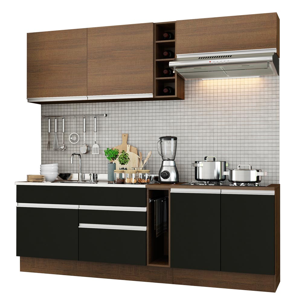Cocina Compacta 220 x 52 cm 6 Puertas 2 Cajones Marrón/Negro Glamy Madesa 08