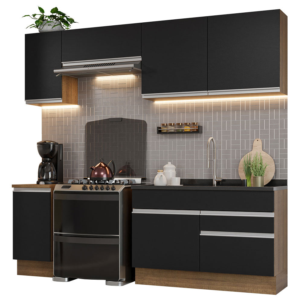 Cocina Integral 240 x 52 cm 6 Puertas 2 Cajones Marrón/Negro Glamy Madesa 07