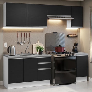 Cocina Integral 240 cm Con Fregadero y Accesorios de Cocina Blanco/Negro Glamy Madesa