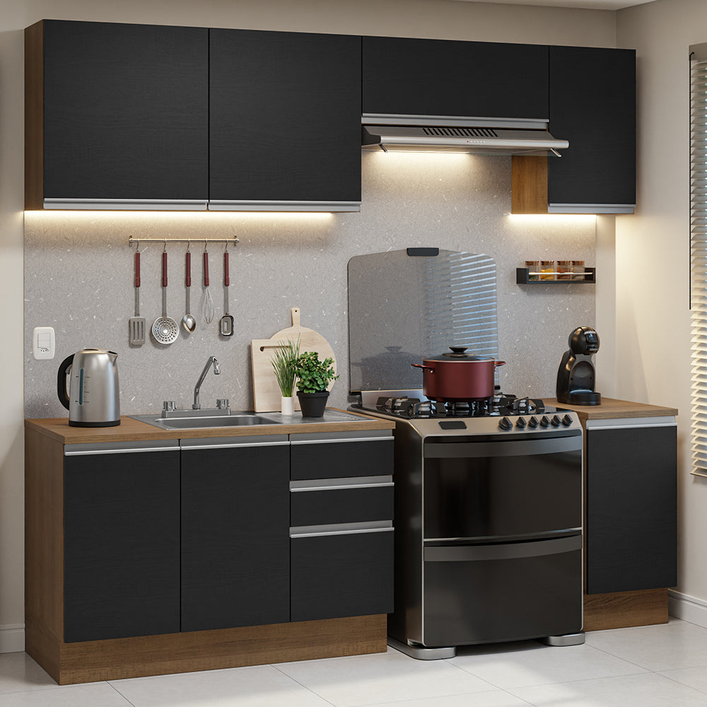 Cocina Integral 240 cm Con Fregadero y Accesorios de Cocina Marrón/Negro Glamy Madesa