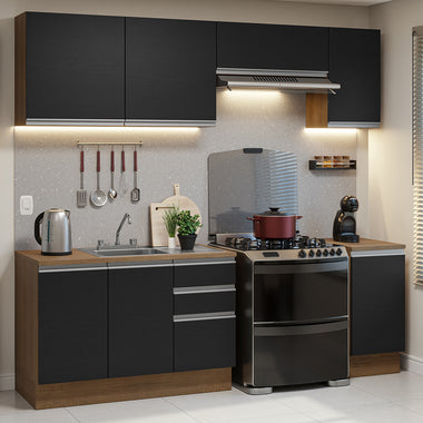Cocina Integral 240 cm Con Fregadero y Accesorios de Cocina Marrón/Negro Glamy Madesa