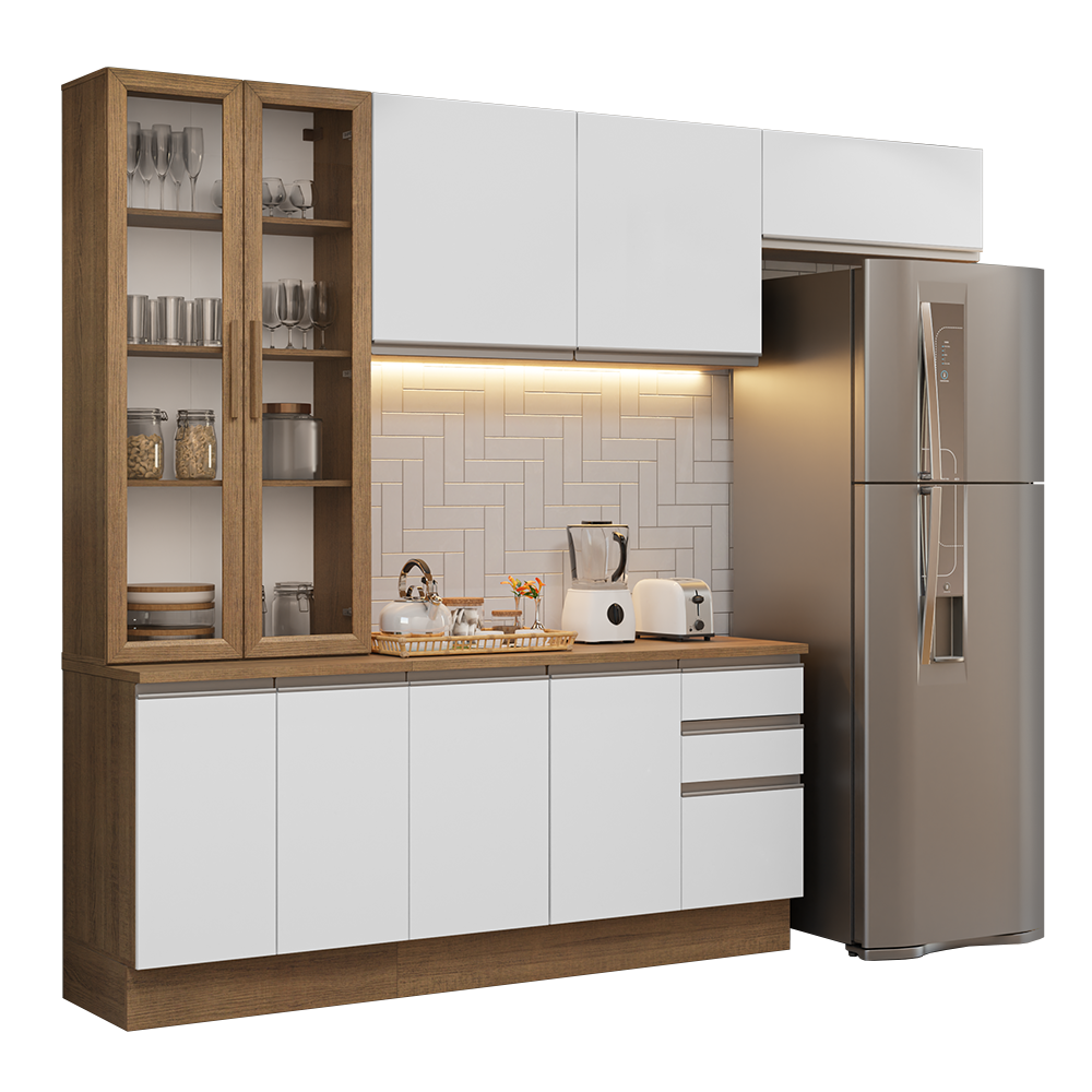 Cocina Integral 270 cm Con Vitrina Marrón/Blanco Glamy Madesa