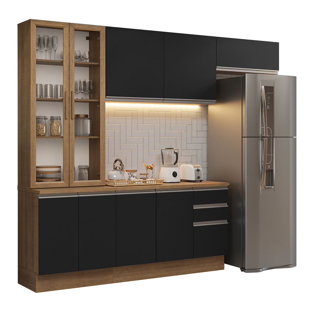 Cocina Integral 270 cm Con Vitrina Marrón/Negro Glamy Madesa