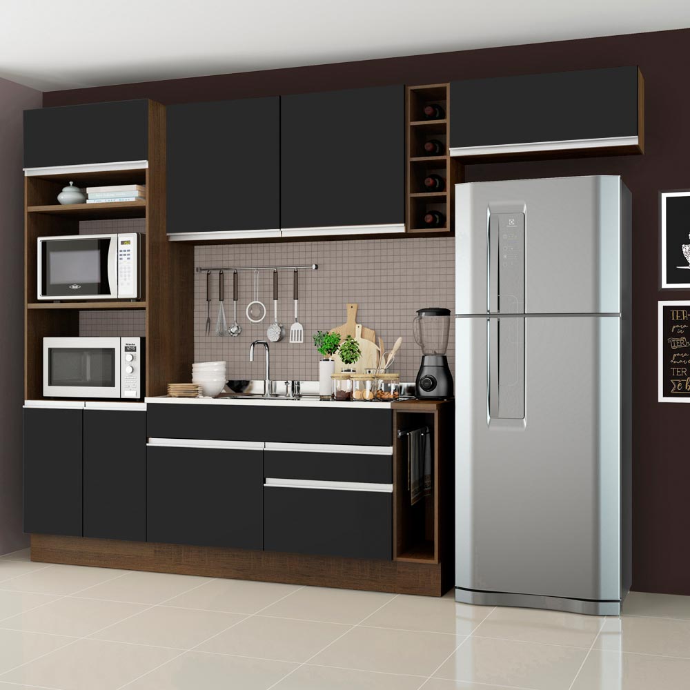 Cocina Integral 290 x 52 cm 7 Puertas 2 Cajones Con Mueble para Horno Marrón/Negro Glamy Madesa 04