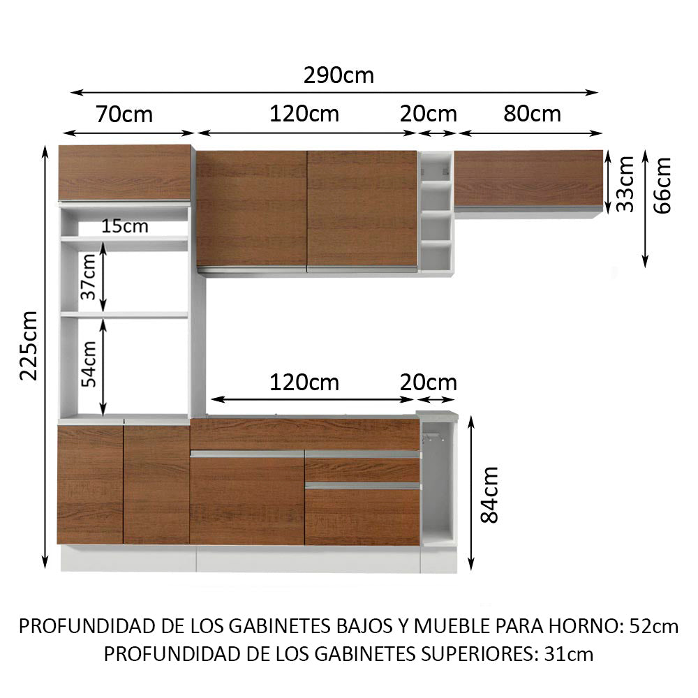 Cocina Integral 290 x 52 cm 7 Puertas 2 Cajones Con Mueble para Horno Blanco/Marrón Glamy Madesa 14