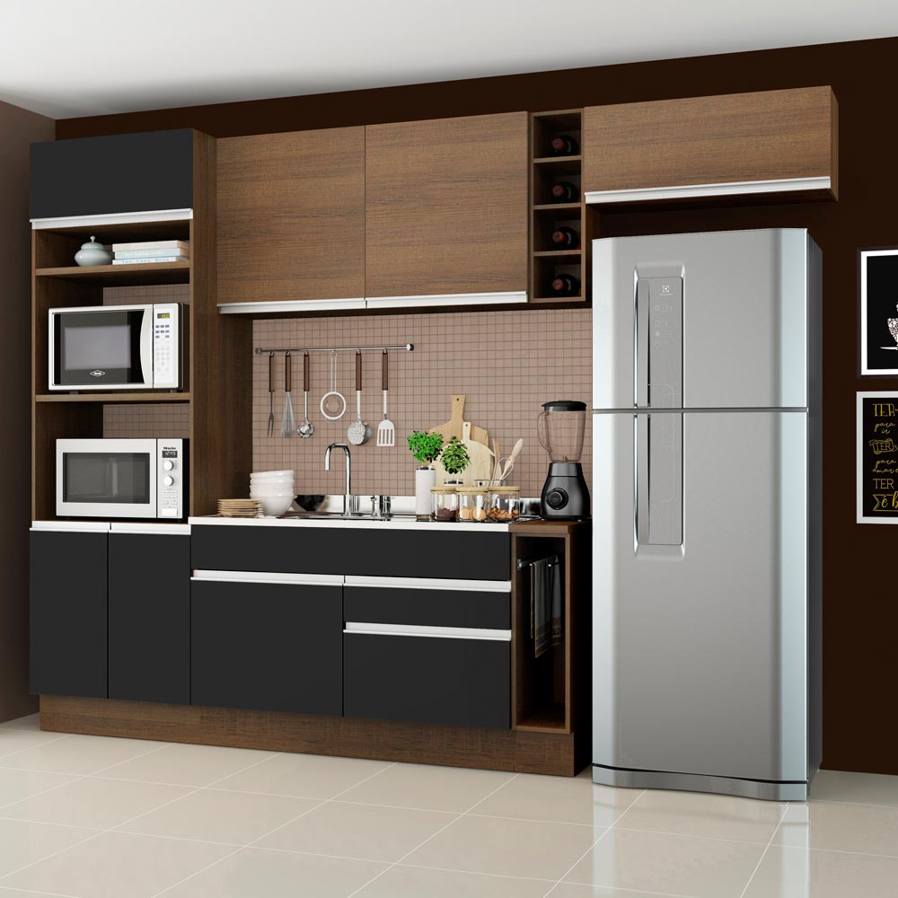 Cocina Integral 290 x 52 cm 7 Puertas 2 Cajones Con Mueble para Horno Marrón/Negro Glamy Madesa 05