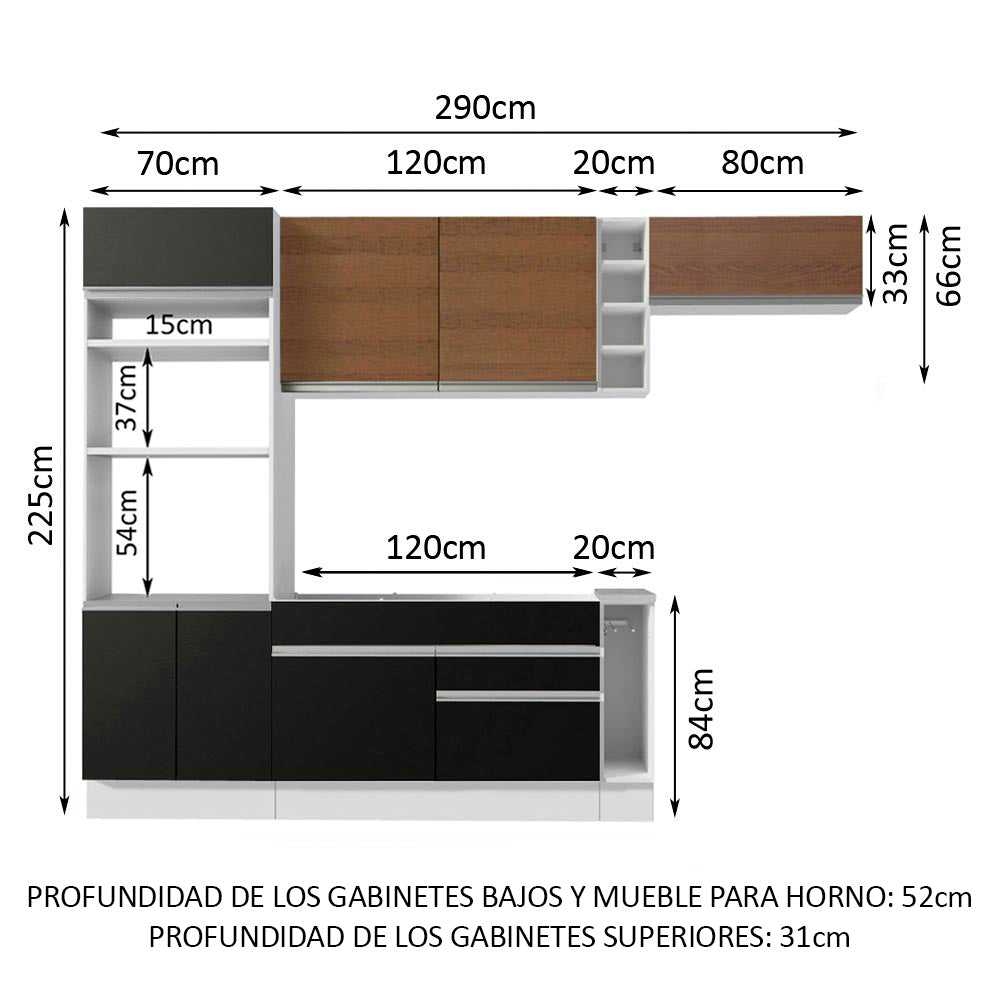 Cocina Integral 290 cm Con Mueble para Horno Blanco/Negro/Marrón Glamy Madesa